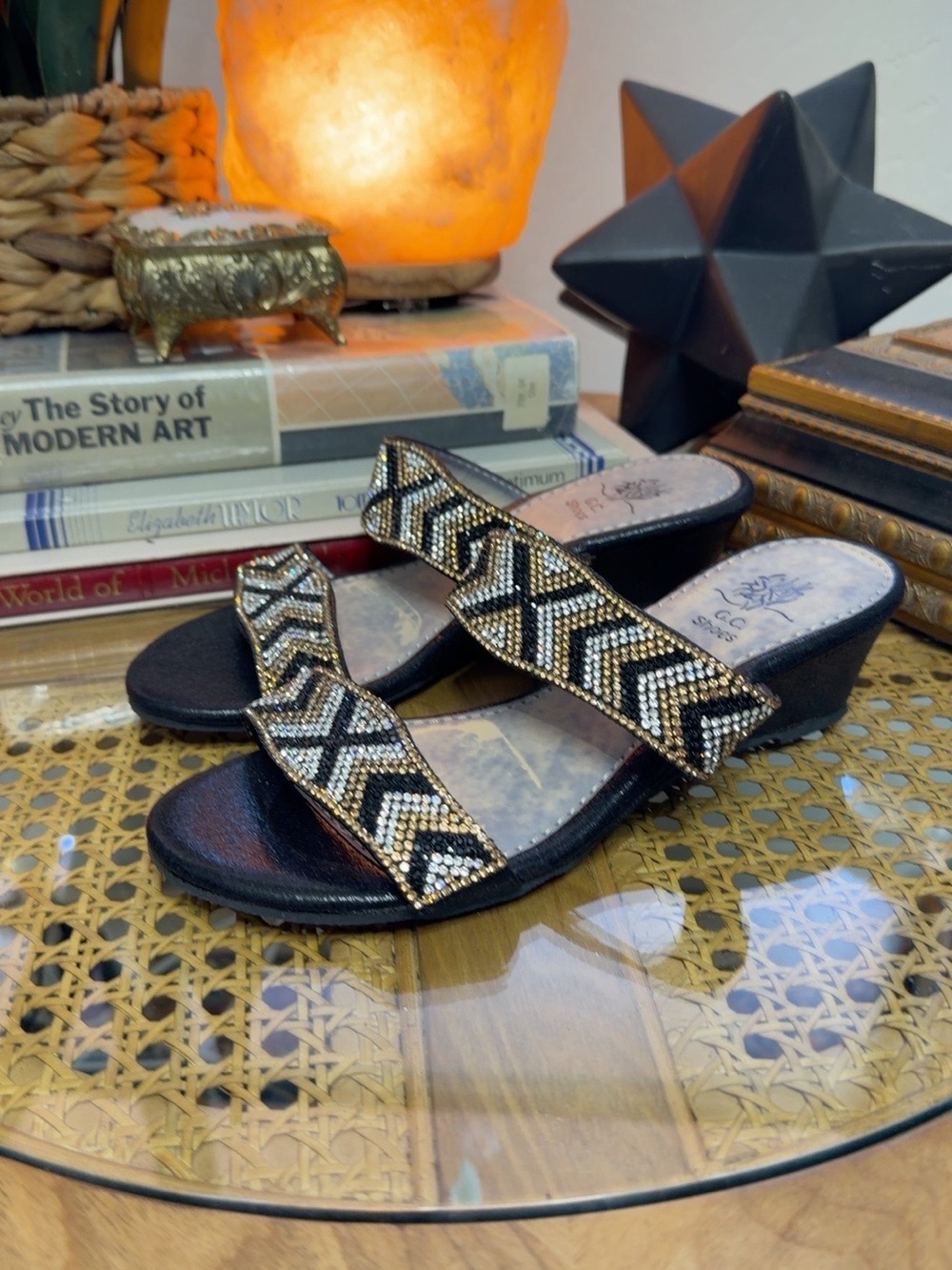 G.C. Shoes Rhinestone Chevron Wedge Slide Sandals Size 6 Gold Black